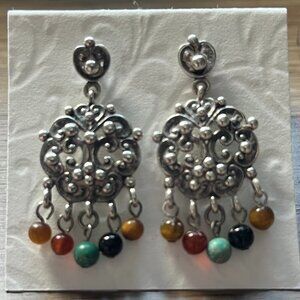 Sterling Silver 925 Filigree Scroll Earrings with Dangling Gemstones